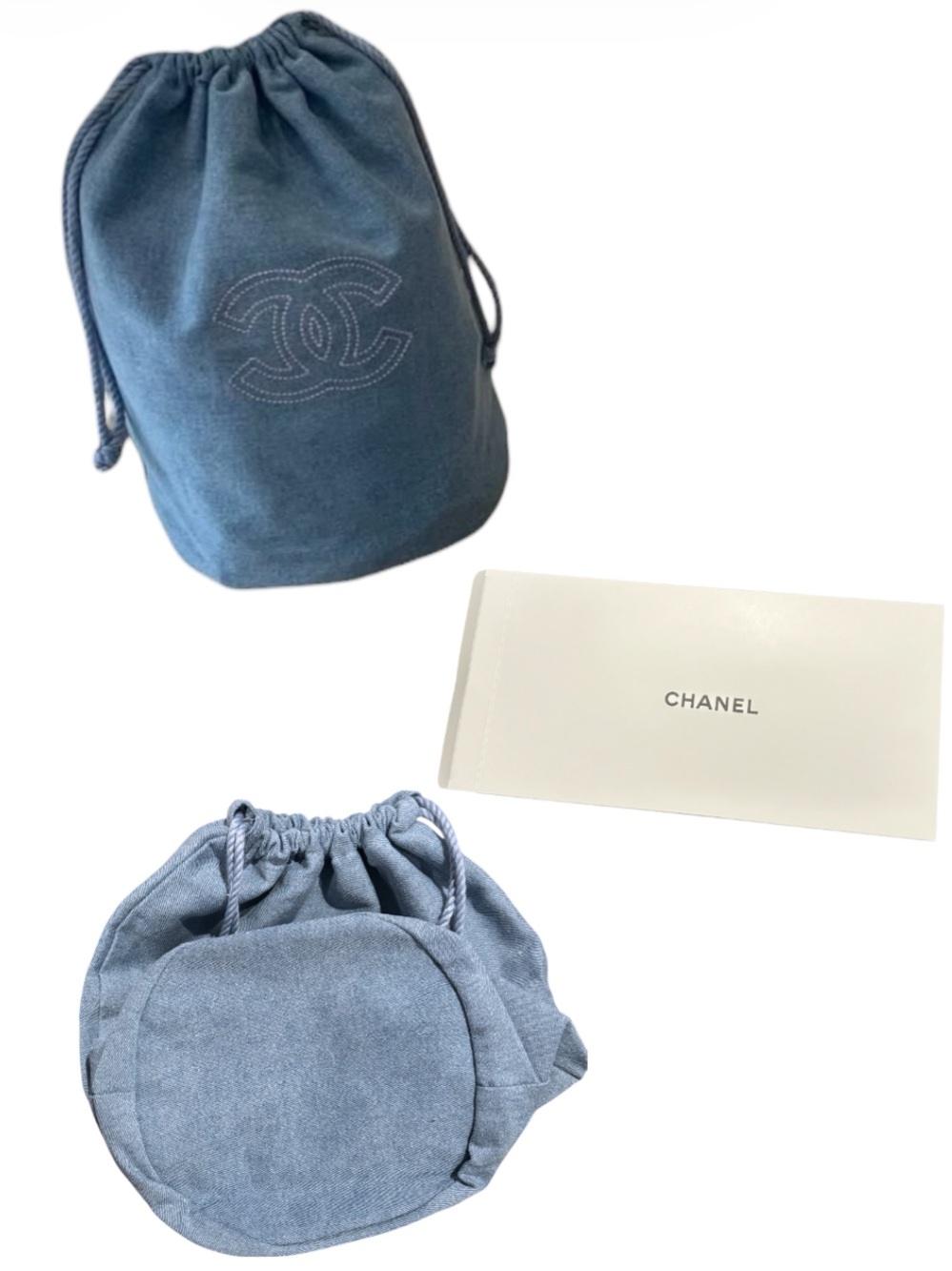 Chanel Denim Collection Drawstring Bag with Pink Logo - New - Beauty